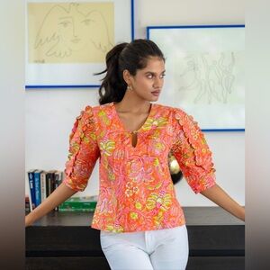 Sohana Moda Top Hand Crafted Bright Floral Tie-Front Puff Sleeves Boho Chic L